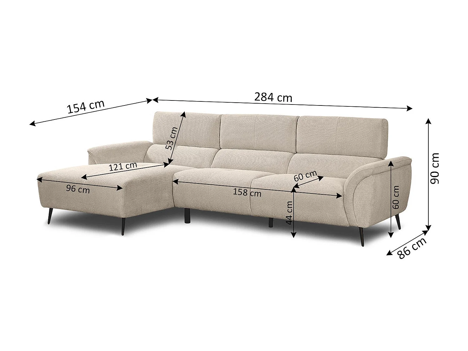 Sofa Chaise Longue Lucy 284cm, Verde, Chaise Izquierdo