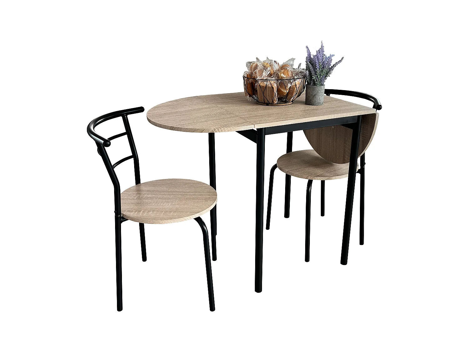 Pack de Mesa Extensible y 2 Sillas Cocina Butterfly, Roble sonoma y Negro 55-115x61x74 cm