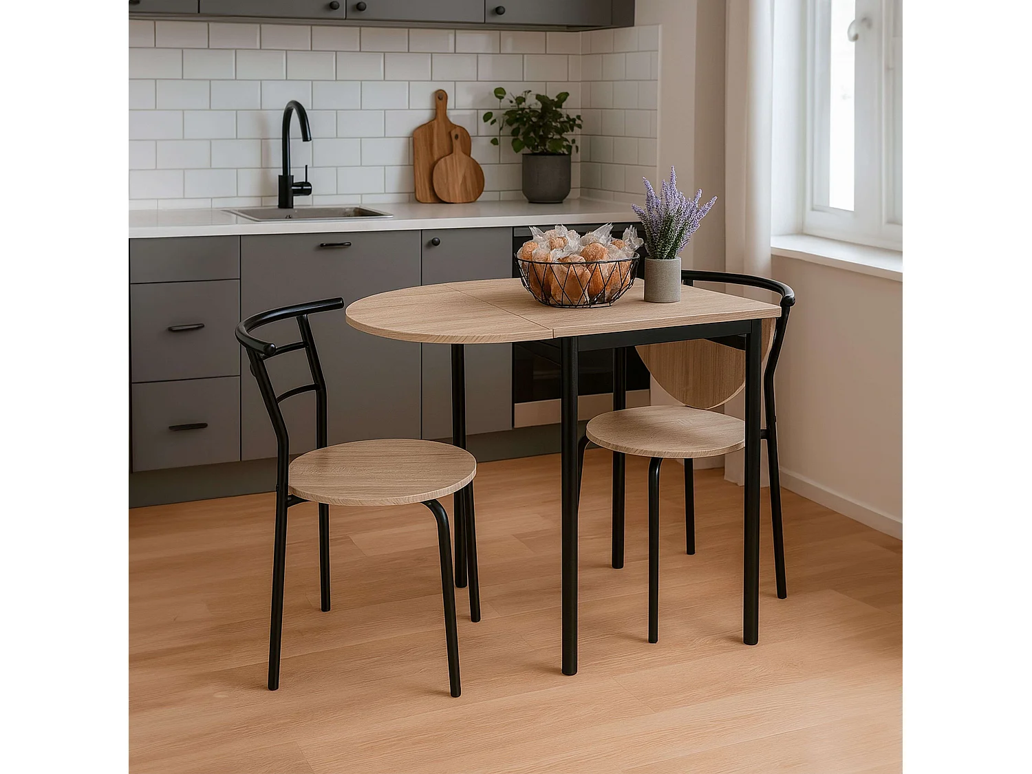 Pack de Mesa Extensible y 2 Sillas Cocina Butterfly, Roble sonoma y Negro 55-115x61x74 cm