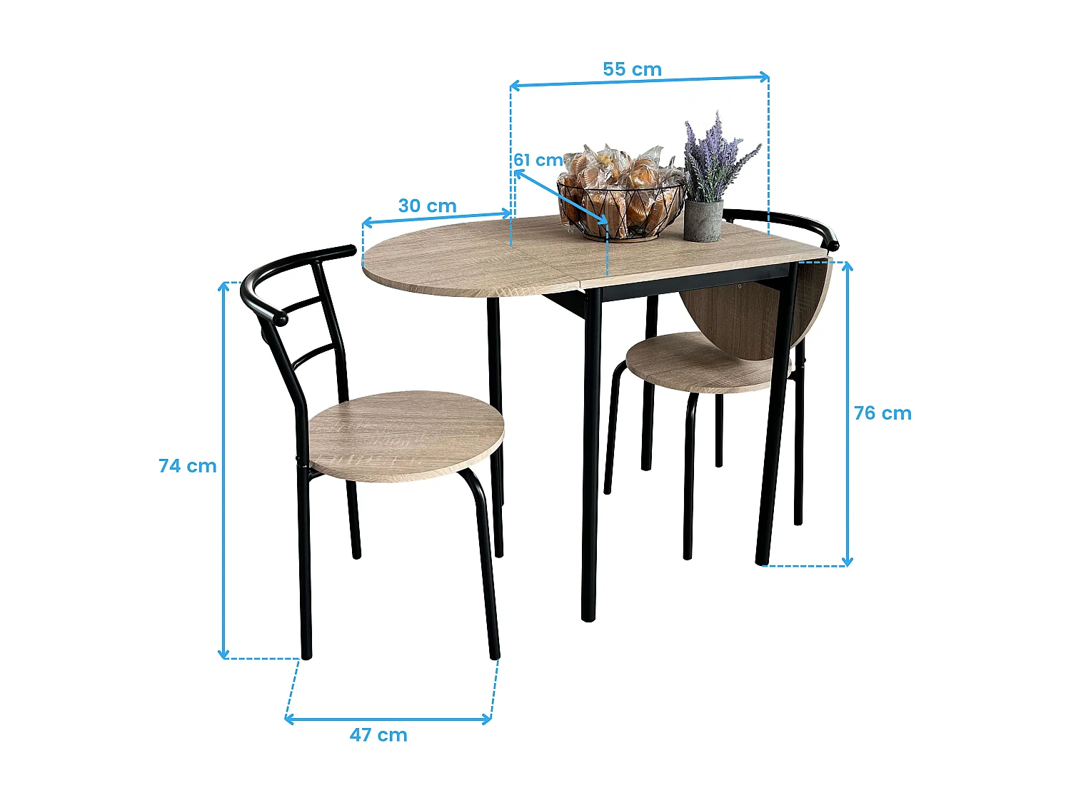 Pack de Mesa Extensible y 2 Sillas Cocina Butterfly, Roble sonoma y Negro 55-115x61x74 cm