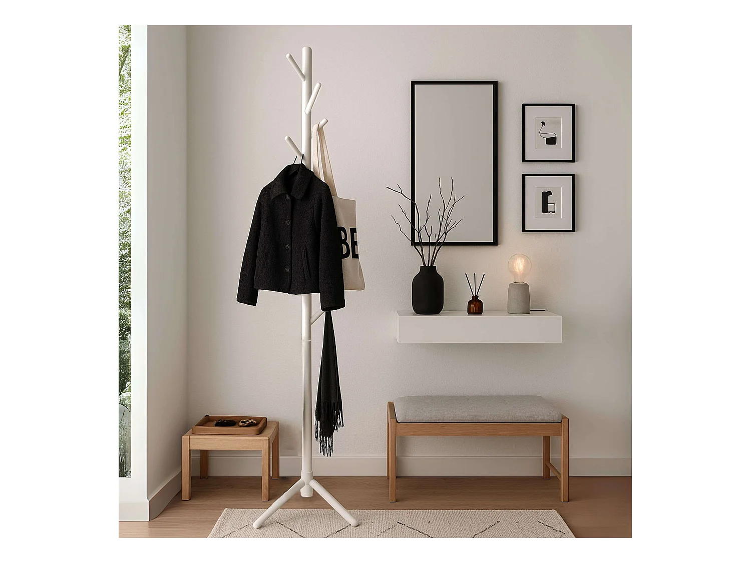 Porte-manteau d'entrée Reki 8 cintres Bois blanc 44 x 172 x 44 cm