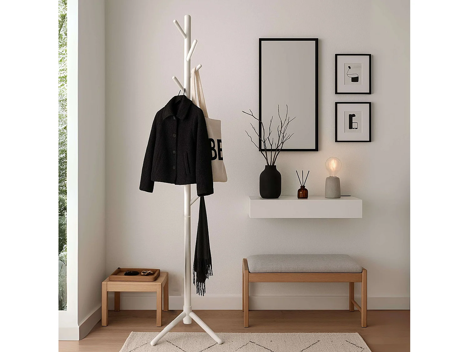 Cabide de entrada Reki com 8 cabides, madeira branca, 44x172x44 cm