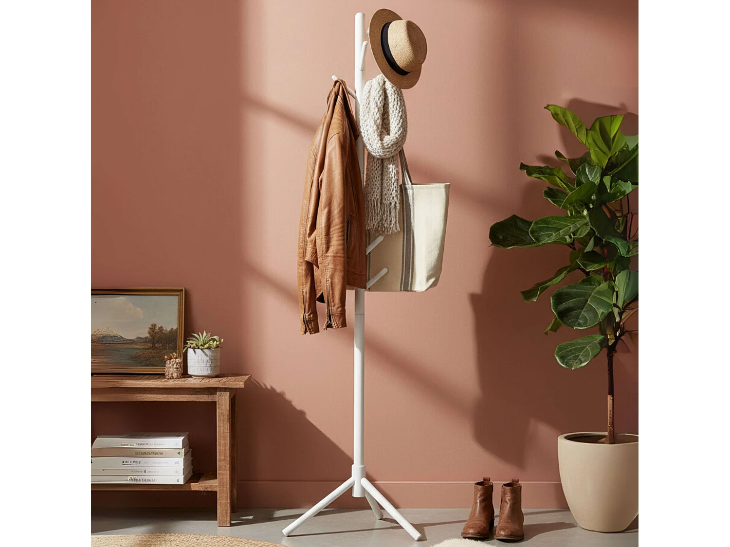 Cabide de entrada Reki com 8 cabides, madeira branca, 44x172x44 cm