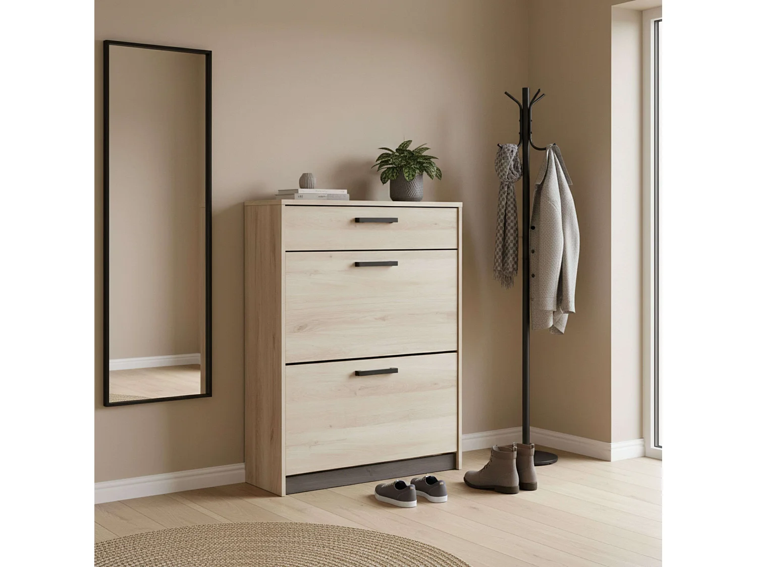 Sapateira Watson com 2 portas dobráveis ​​em preto Waterford e carvalho Kronberge, 79,6 x 102,4 x 29,4 cm
