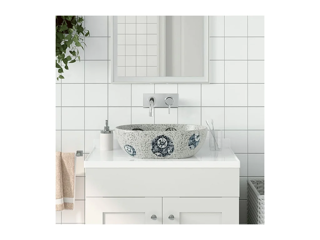 Vasque à poser Lavabo | Bac à laver gris et bleu ovale 47x33x13 cm céramique