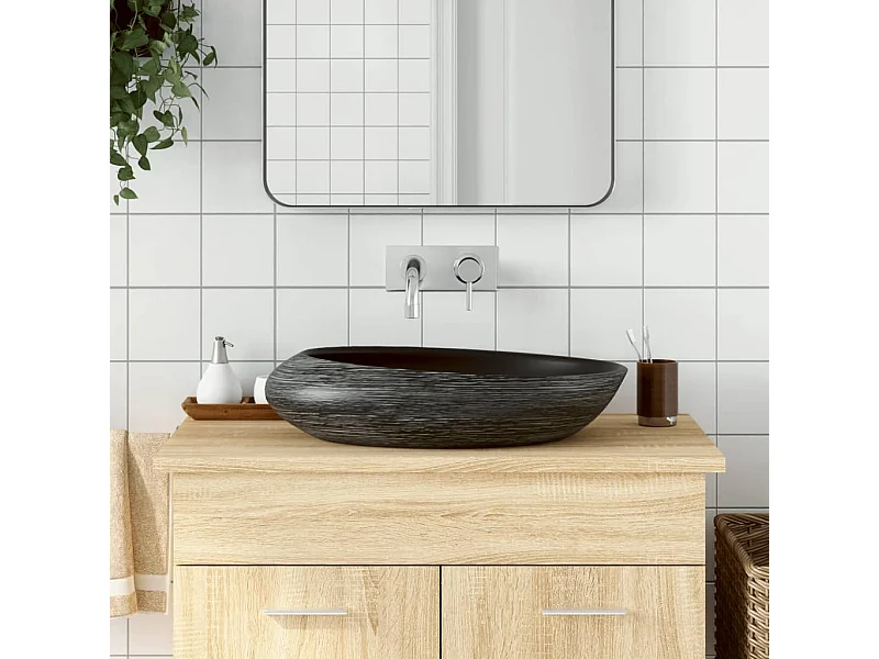 Vasque à poser Lavabo | Bac à laver gris et noir ovale 59x40x14 cm céramique