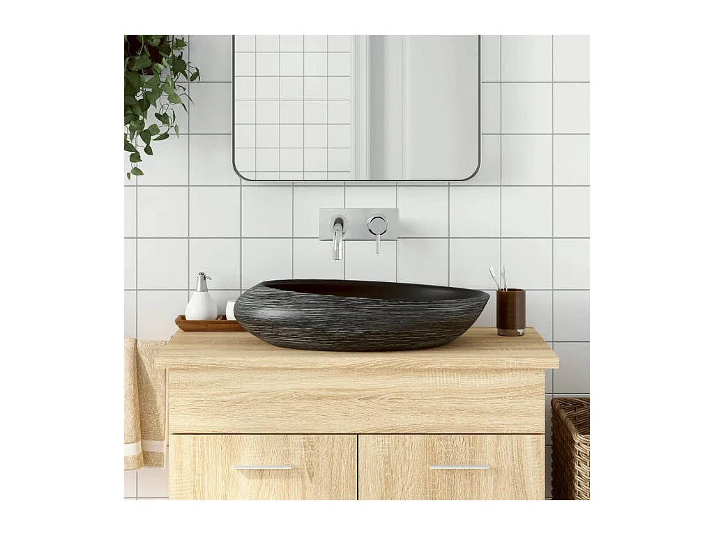 Vasque à poser Lavabo | Bac à laver gris et noir ovale 59x40x14 cm céramique