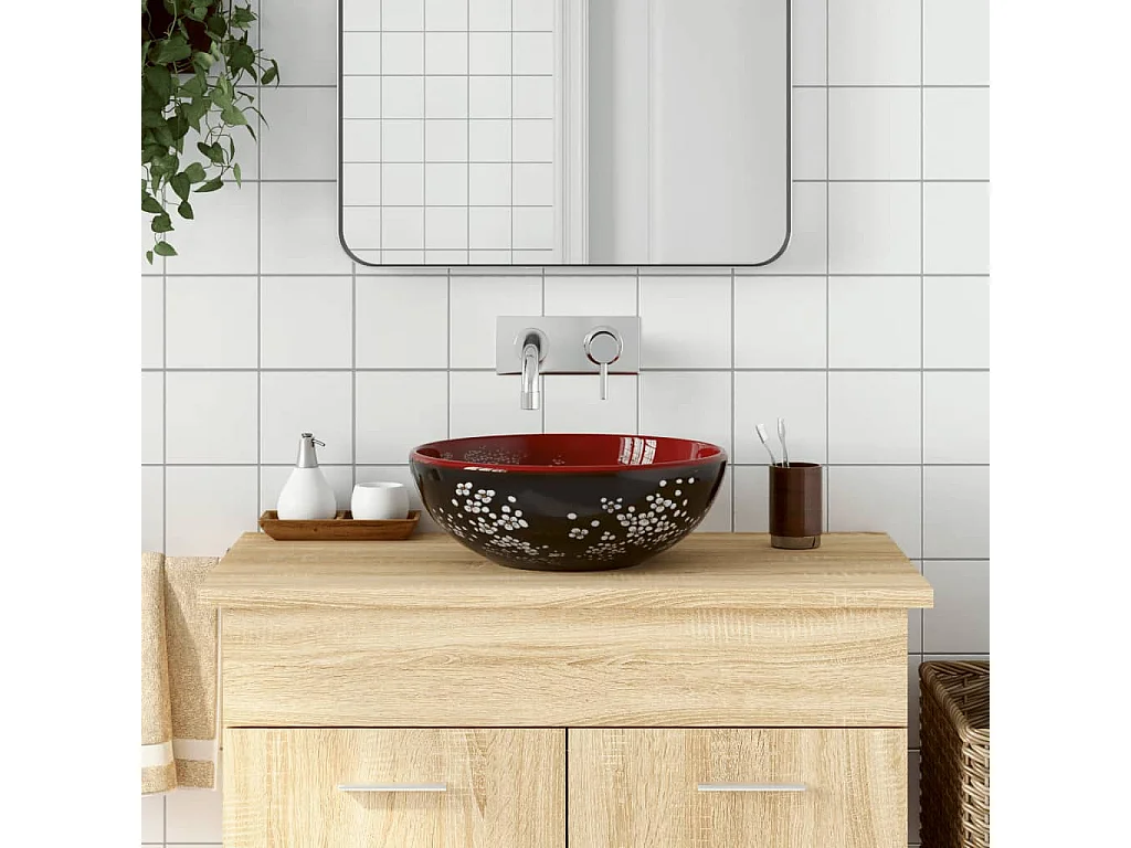 Vasque à poser Lavabo | Bac à laver noir et rouge rond Φ41x14 cm céramique