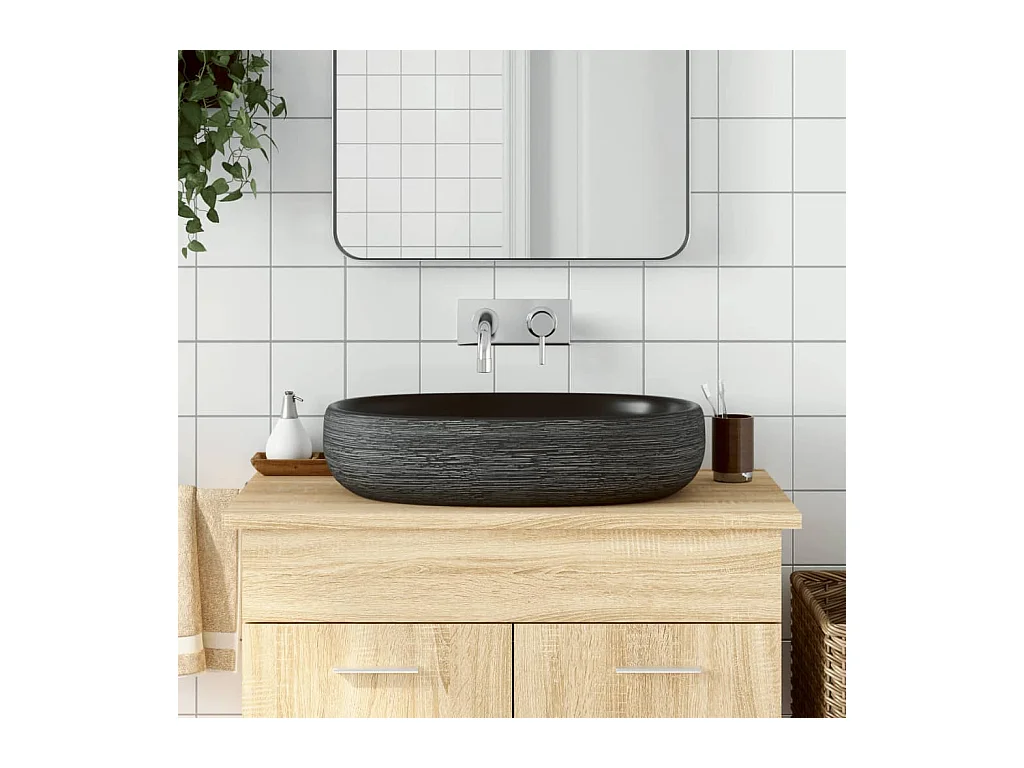 Vasque à poser Lavabo | Bac à laver gris et noir ovale 59x40x14 cm céramique