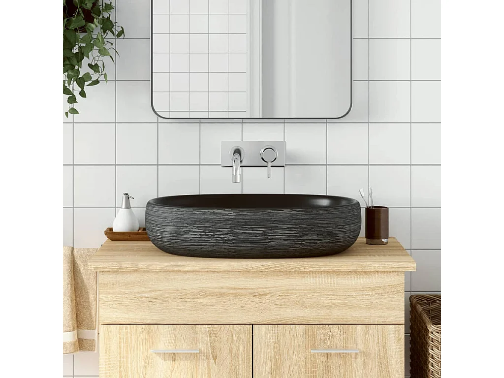Vasque à poser Lavabo | Bac à laver gris et noir ovale 59x40x14 cm céramique