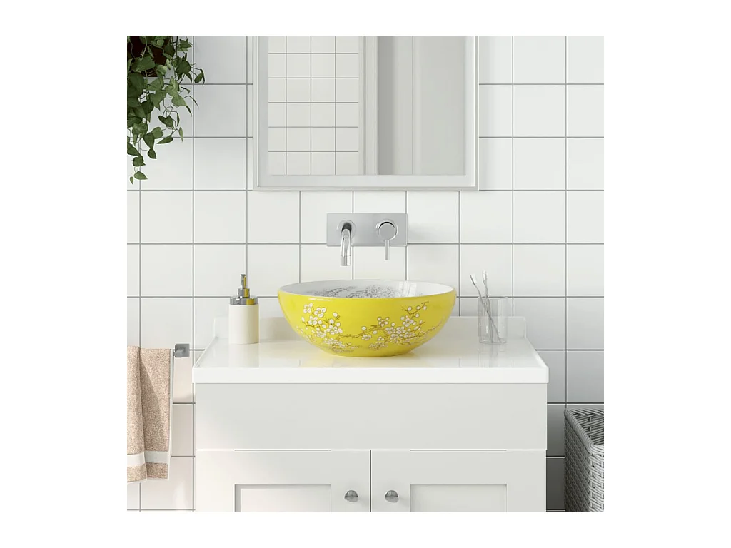 Vasque à poser Lavabo | Bac à laver blanc et jaune rond Φ41x14 cm céramique