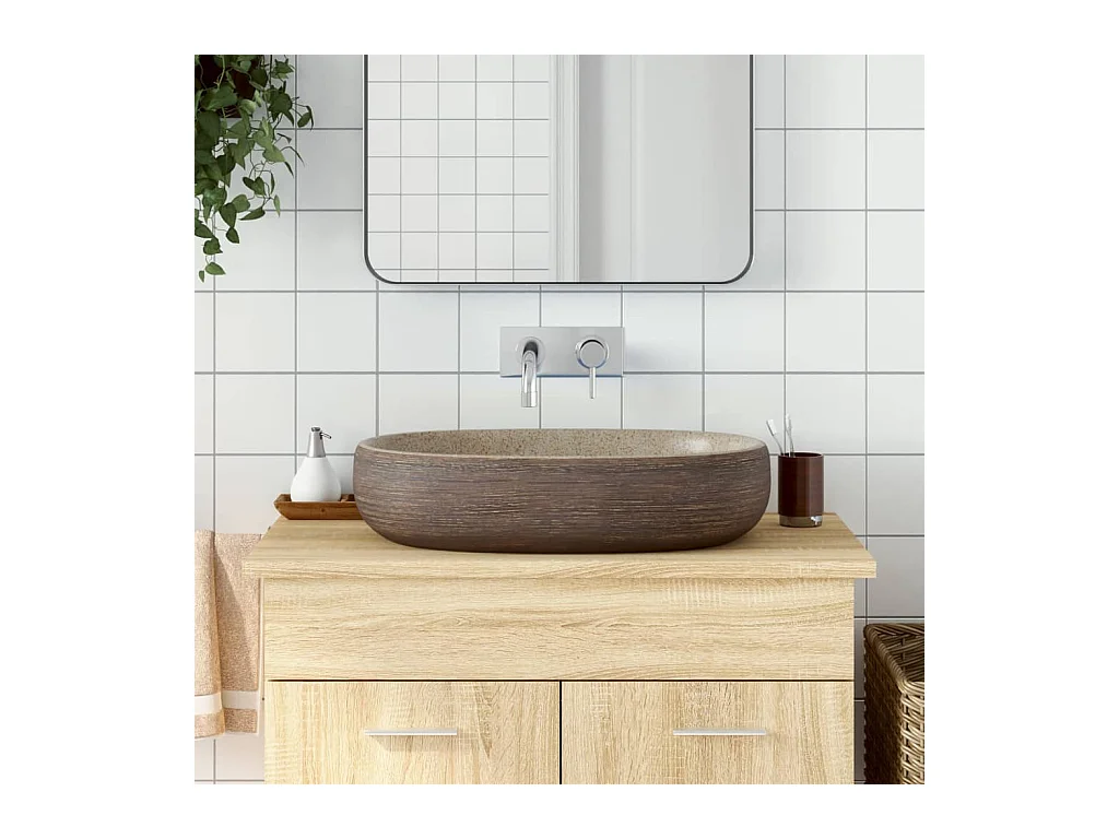 Vasque à poser Lavabo | Bac à laver sable et marron ovale 59x40x14 cm céramique