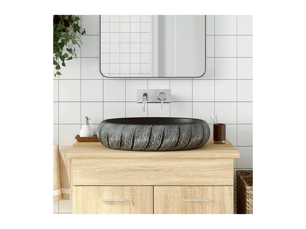 Vasque à poser Lavabo | Bac à laver noir et gris ovale 59x40x15 cm céramique