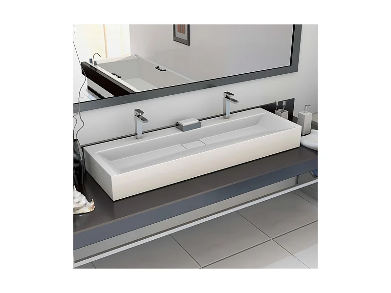 Lavabo salle de bain-Vasque à poser 120x46x11 cm Fonte minérale/marbre Blanc