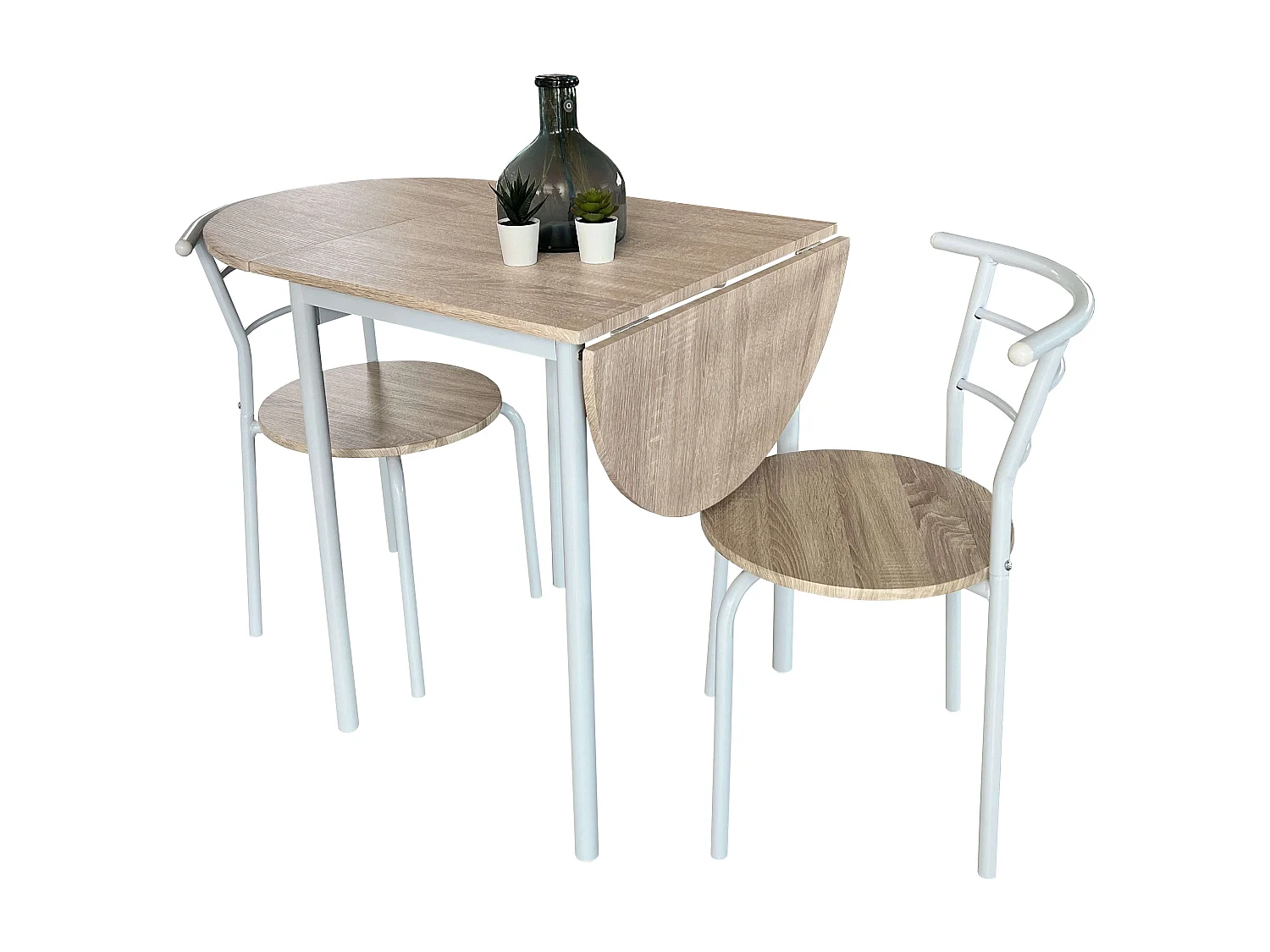 Mesa de cozinha extensível Butterfly e 2 cadeiras, carvalho e branco, 55-115 x 61 x 74 cm