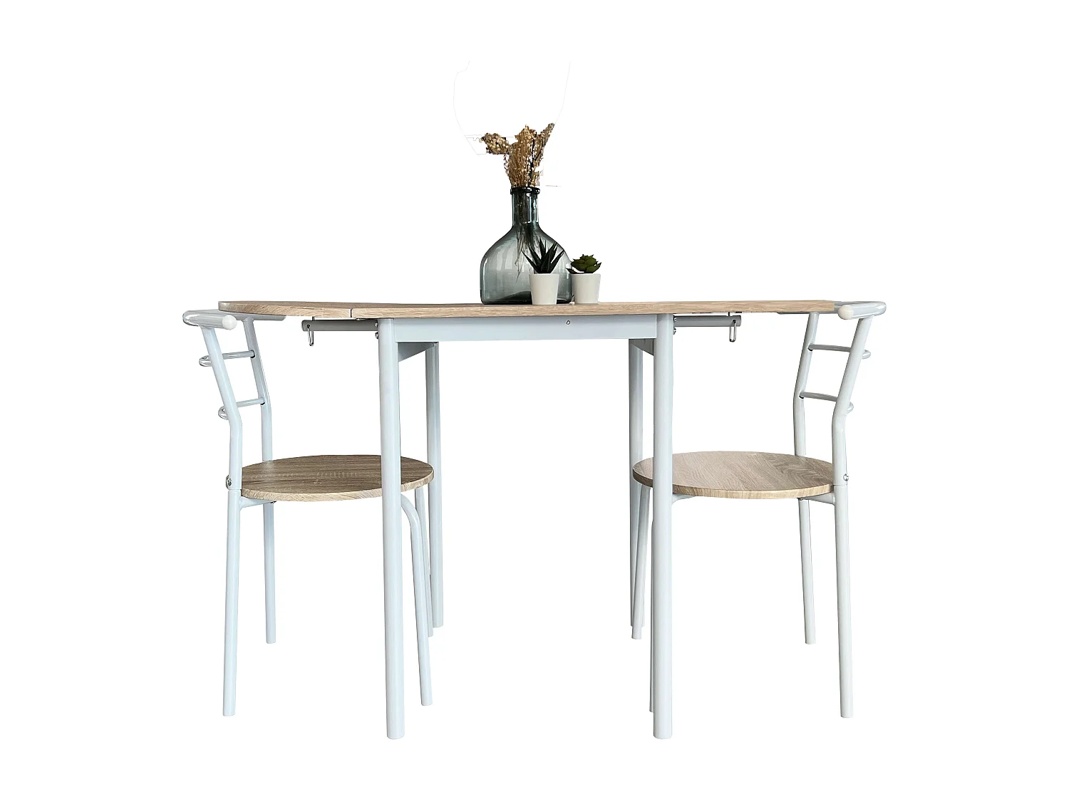 Mesa de cozinha extensível Butterfly e 2 cadeiras, carvalho e branco, 55-115 x 61 x 74 cm