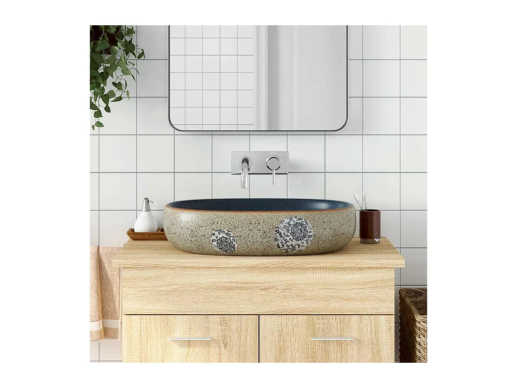 Vasque à poser Lavabo | Bac à laver sable et bleu ovale 59x40x14 cm céramique