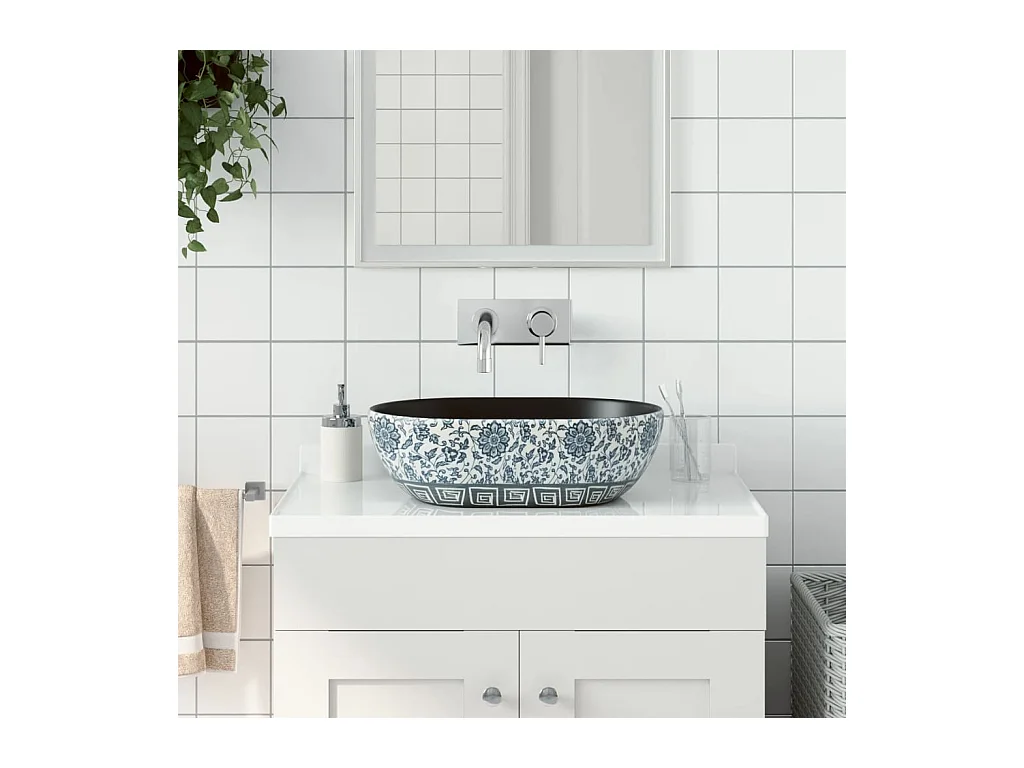 Vasque à poser Lavabo | Bac à laver noir et bleu ovale 47x33x13 cm céramique