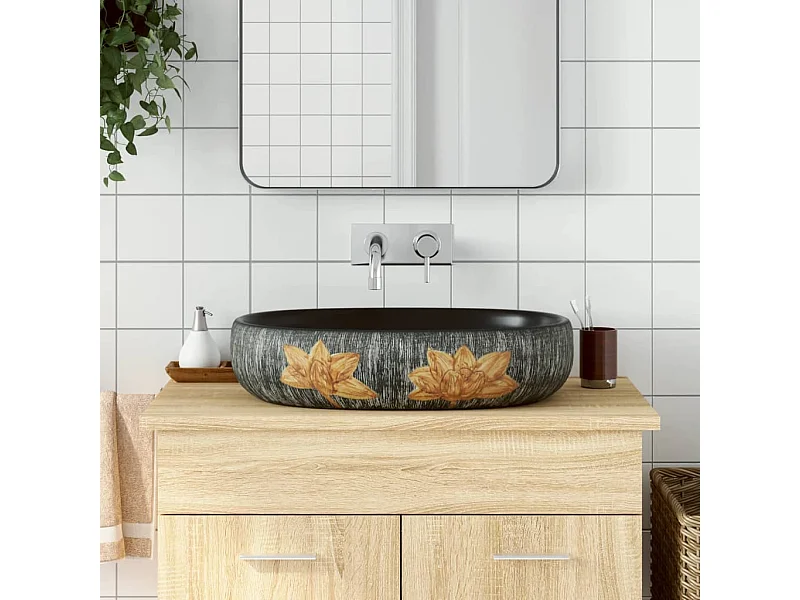 Vasque à poser Lavabo | Bac à laver gris et noir ovale 59x40x14 cm céramique