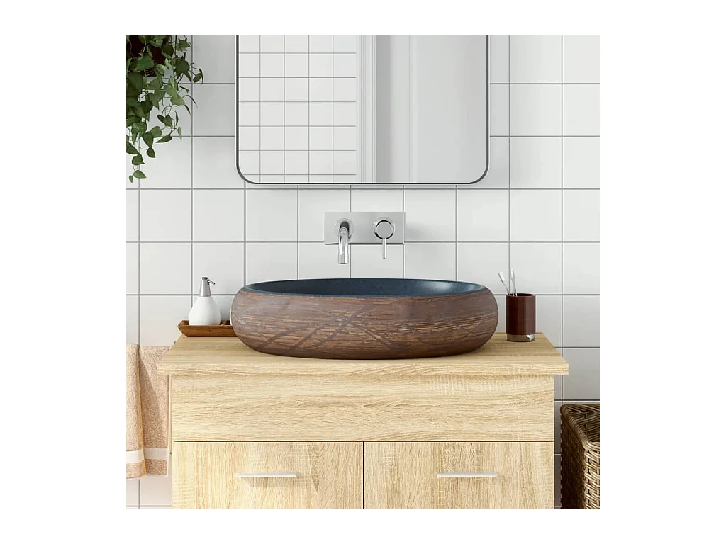 Vasque à poser Lavabo | Bac à laver marron et bleu ovale 59x40x15 cm céramique