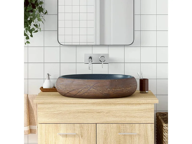 Vasque à poser Lavabo | Bac à laver marron et bleu ovale 59x40x15 cm céramique