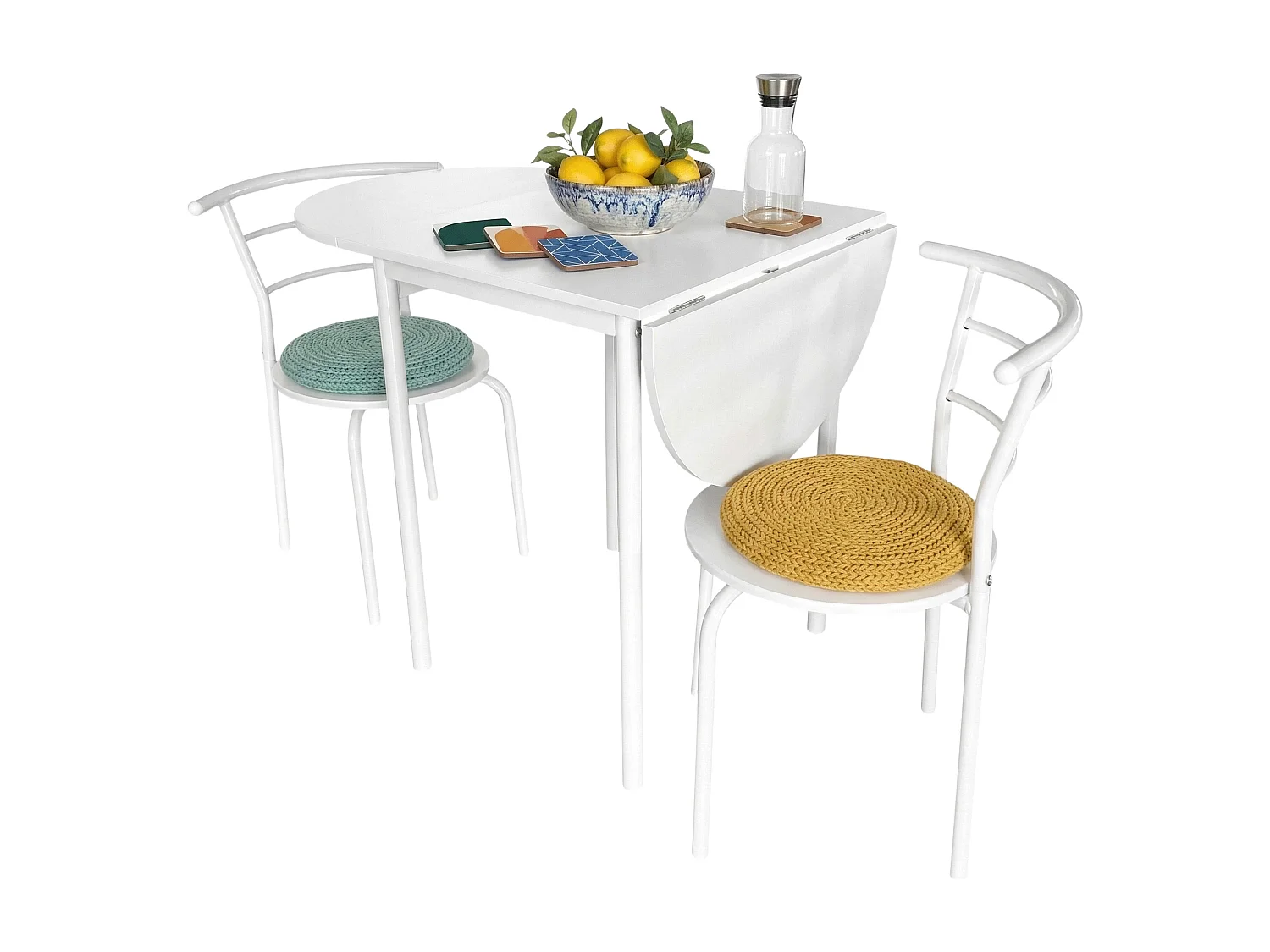 Mesa de cozinha extensível Butterfly e 2 cadeiras, brancas, 55-115 x 61 x 74 cm