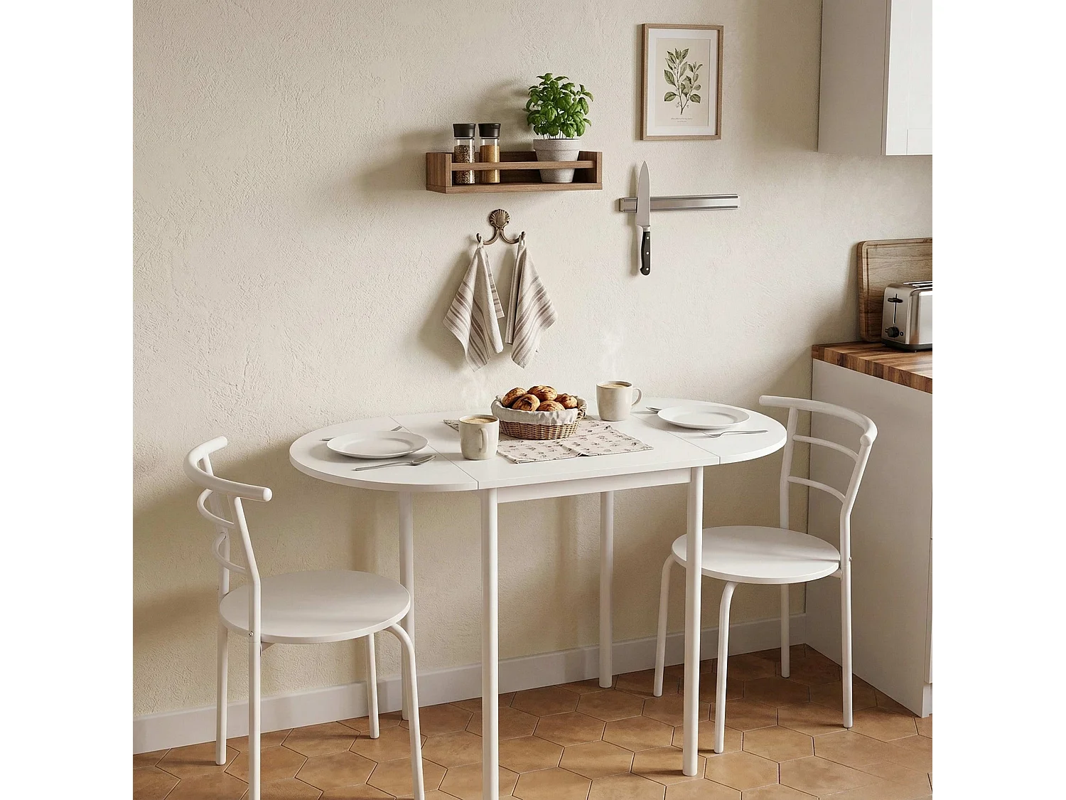 Mesa de cozinha extensível Butterfly e 2 cadeiras, brancas, 55-115 x 61 x 74 cm