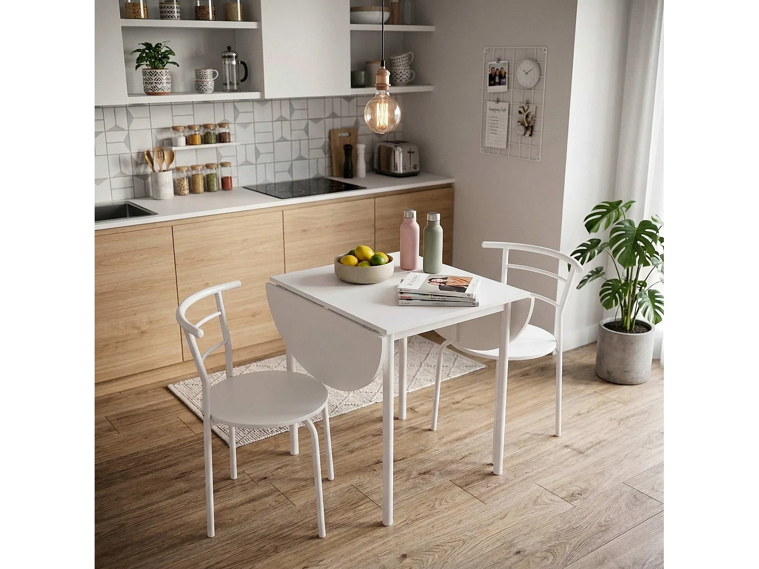 Mesa de cozinha extensível Butterfly e 2 cadeiras, brancas, 55-115 x 61 x 74 cm
