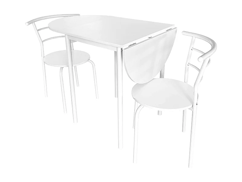 Mesa de cozinha extensível Butterfly e 2 cadeiras, brancas, 55-115 x 61 x 74 cm