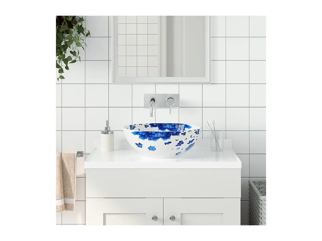 Vasque à poser Lavabo | Bac à laver blanc et bleu rond Φ41x14 cm céramique