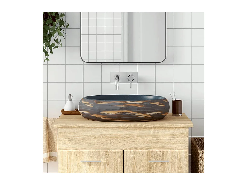 Vasque à poser Lavabo | Bac à laver marron et bleu ovale 59x40x15 cm céramique