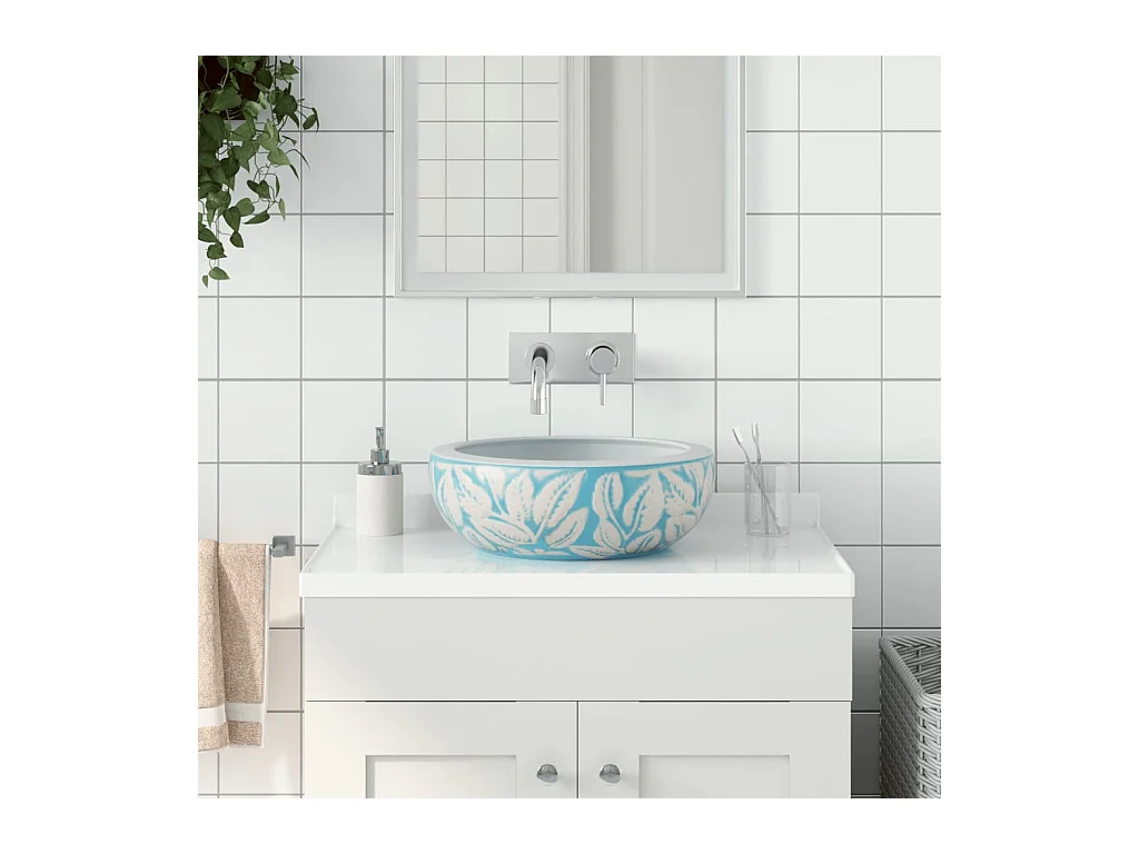 Vasque à poser Lavabo | Bac à laver blanc et bleu rond Φ41x14 cm céramique