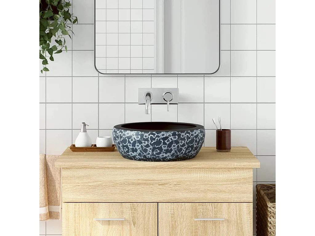 Vasque à poser Lavabo | Bac à laver noir et bleu rond Φ41x14 cm céramique