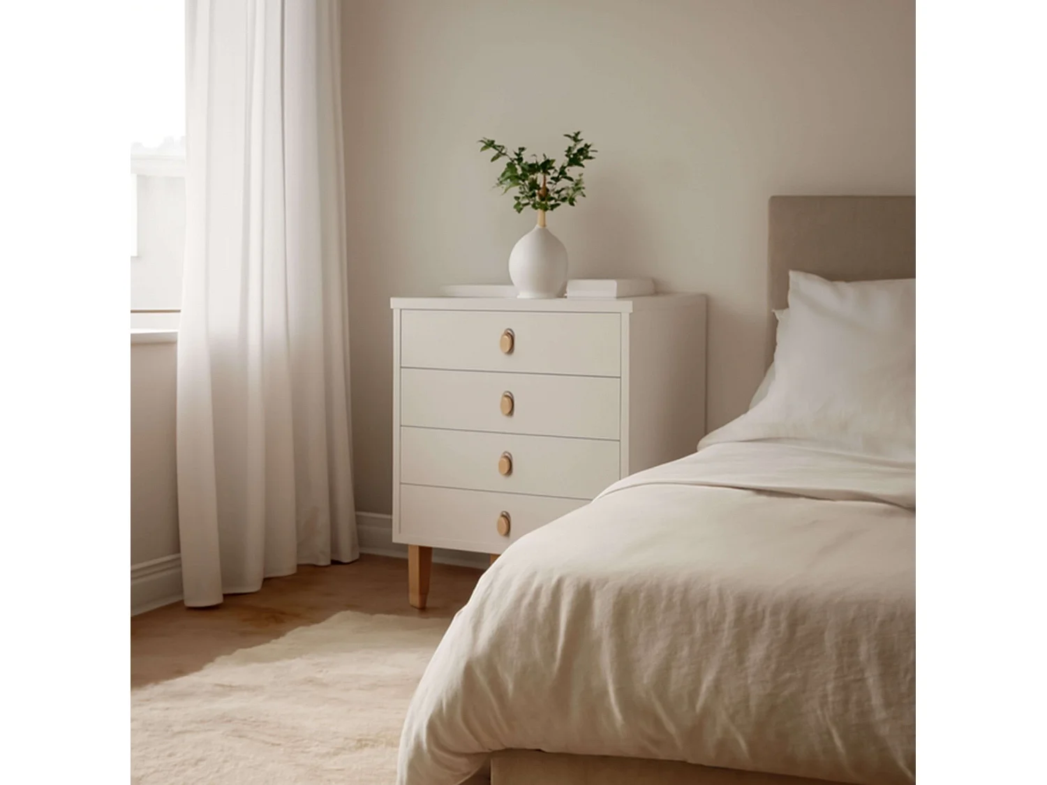 Commode 4 tiroirs Anzio, pin blanc mat, 80 cm