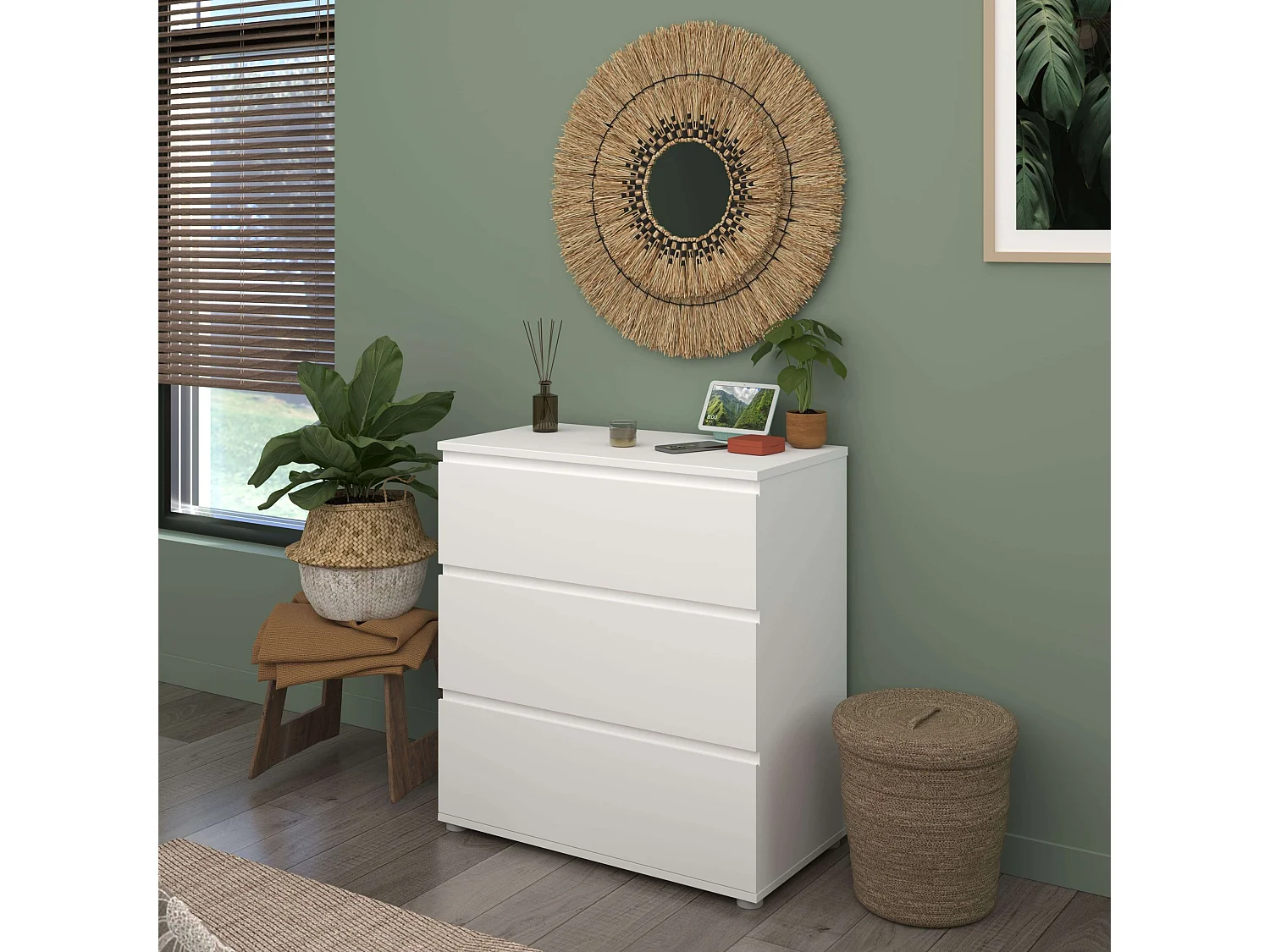 Cômoda de quarto Sven 3 gavetas melamina branca 77x82x40 cm