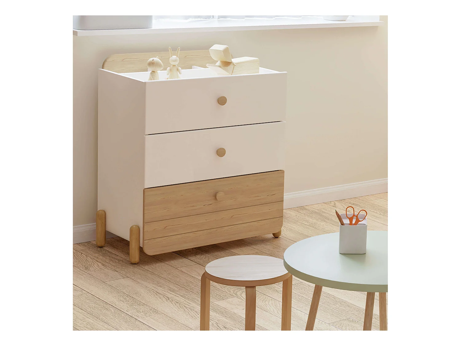 Commode jeunesse Edaj 3 tiroirs Blanc et chêne 73x82cm Chambre