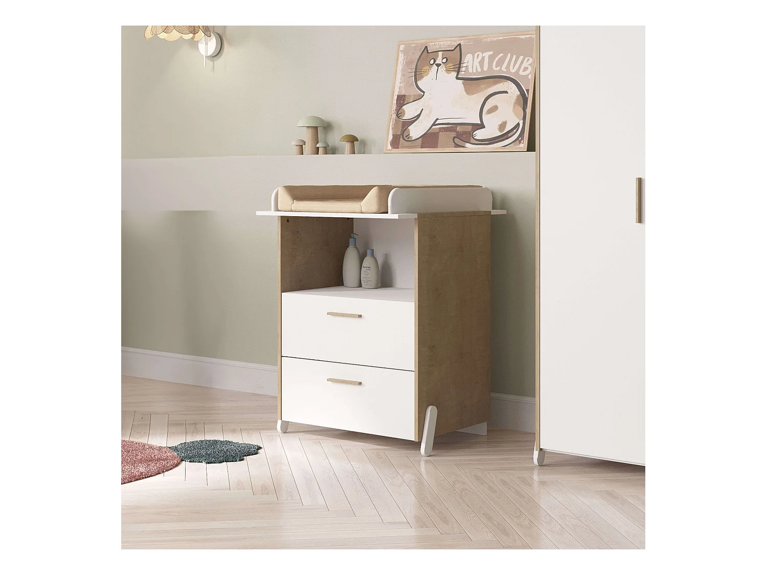 Cómoda Juvenil Naili 2 Cajones Dormitorio Roble y Blanco 73X74 cm