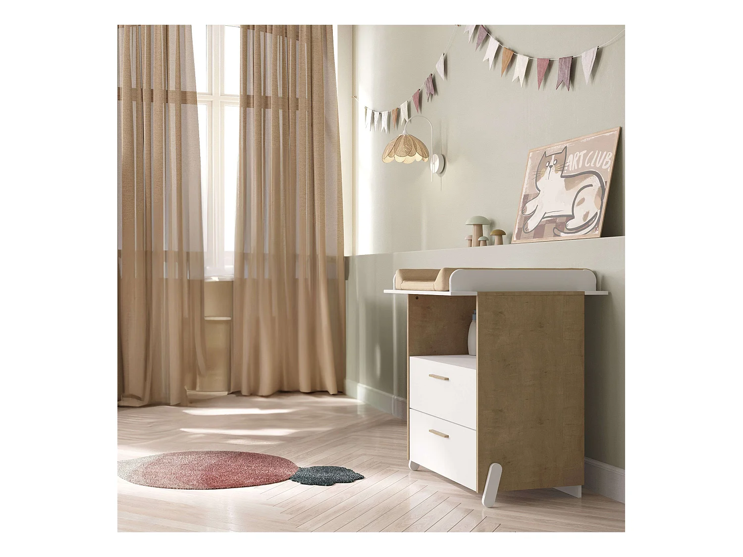 Cómoda Juvenil Naili 2 Cajones Dormitorio Roble y Blanco 73X74 cm