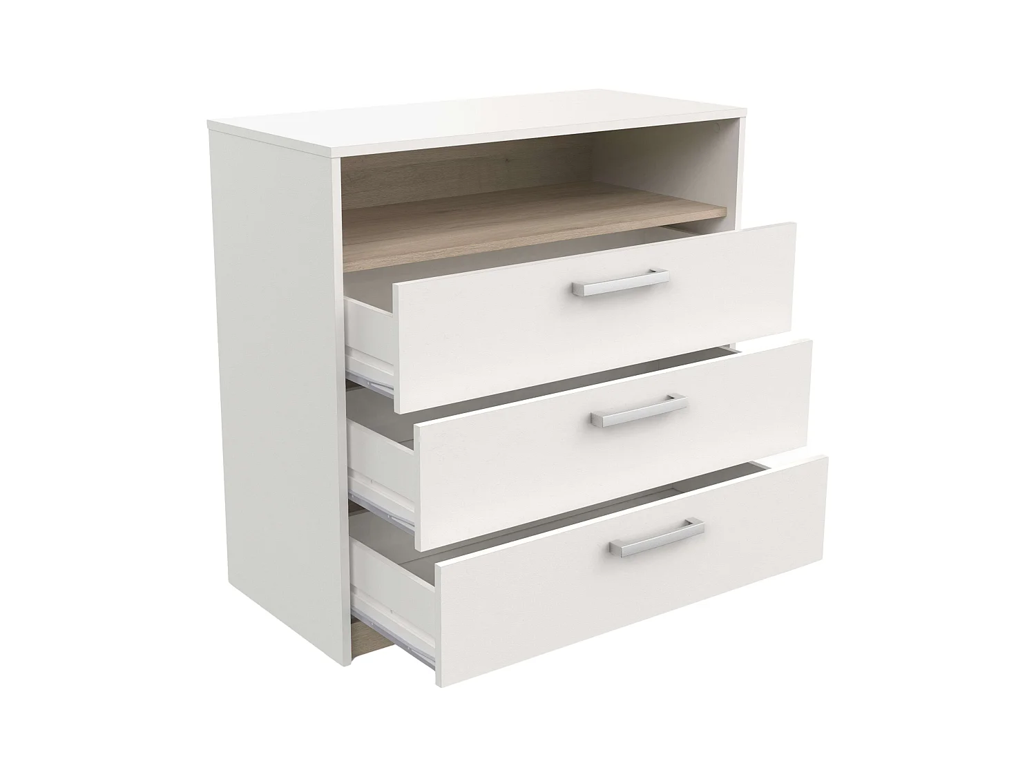 Commode Watson 3 tiroirs 1 étagère Chêne blanc Mélamine Kronberg 81 cm