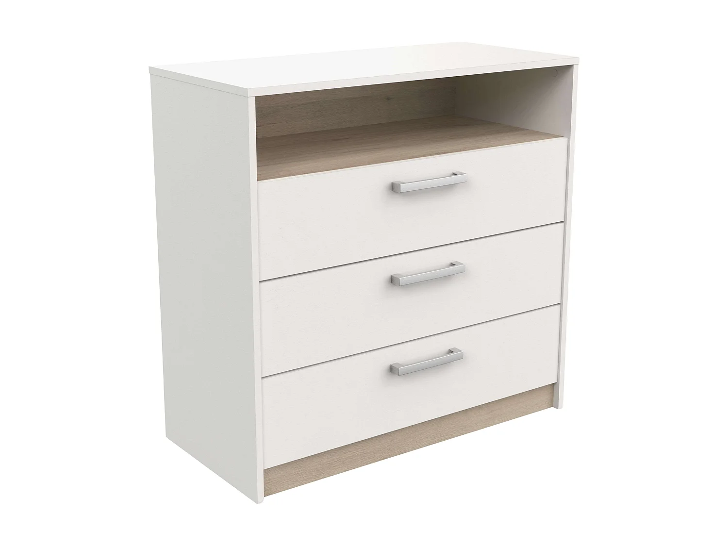 Commode Watson 3 tiroirs 1 étagère Chêne blanc Mélamine Kronberg 81 cm