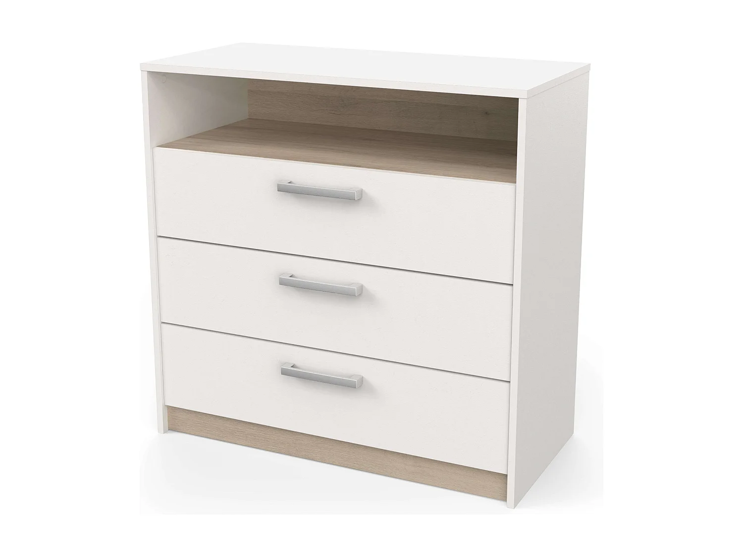 Commode Watson 3 tiroirs 1 étagère Chêne blanc Mélamine Kronberg 81 cm