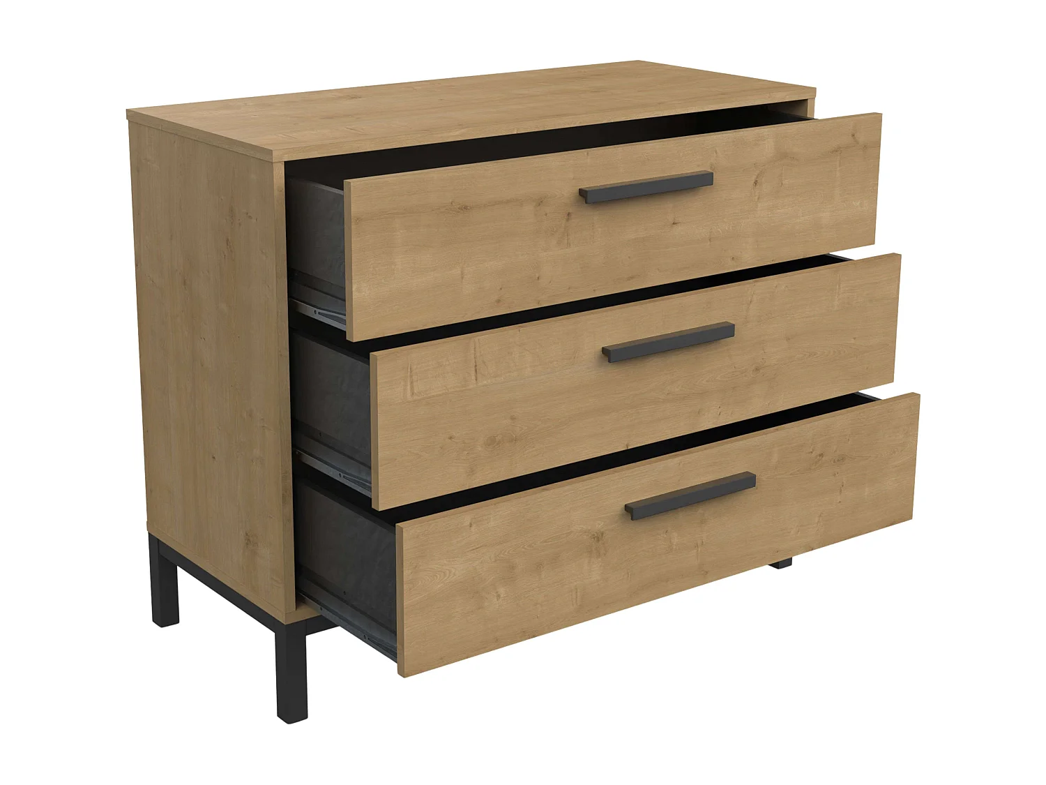 Commode artisanale, chêne Hamilton/noir mat, 3 tiroirs, style industriel, 75x40x91 cm