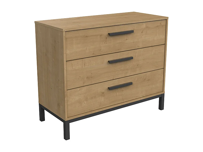 Commode artisanale, chêne Hamilton/noir mat, 3 tiroirs, style industriel, 75x40x91 cm