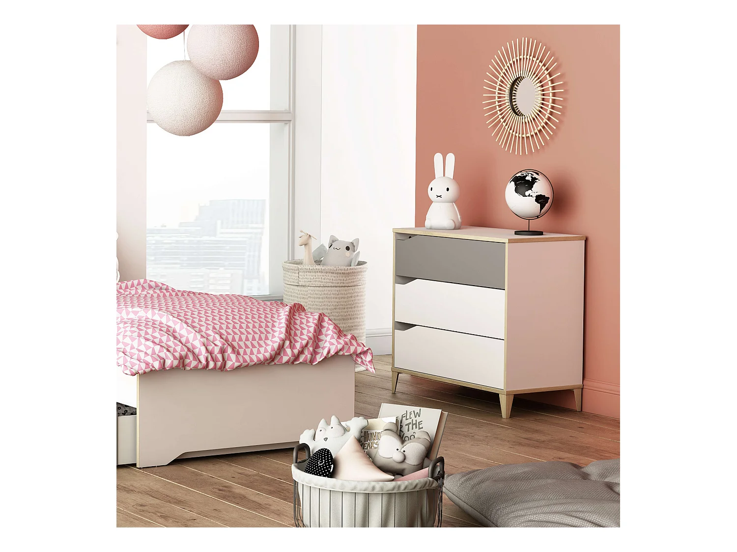 Commode 3 tiroirs Genius Blanc/Gris Chambre Jeunesse 76x78x43 cm