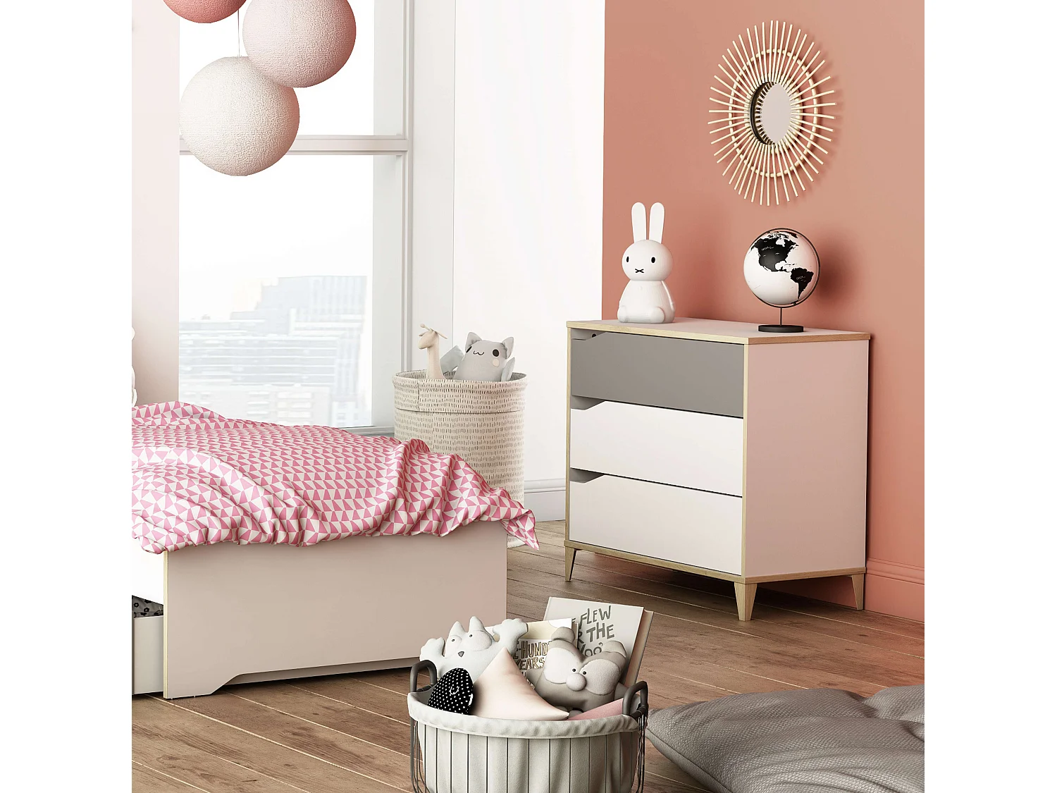 Cômoda Genius com 3 gavetas, branca/cinza, para quarto de jovens, 76x78x43 cm