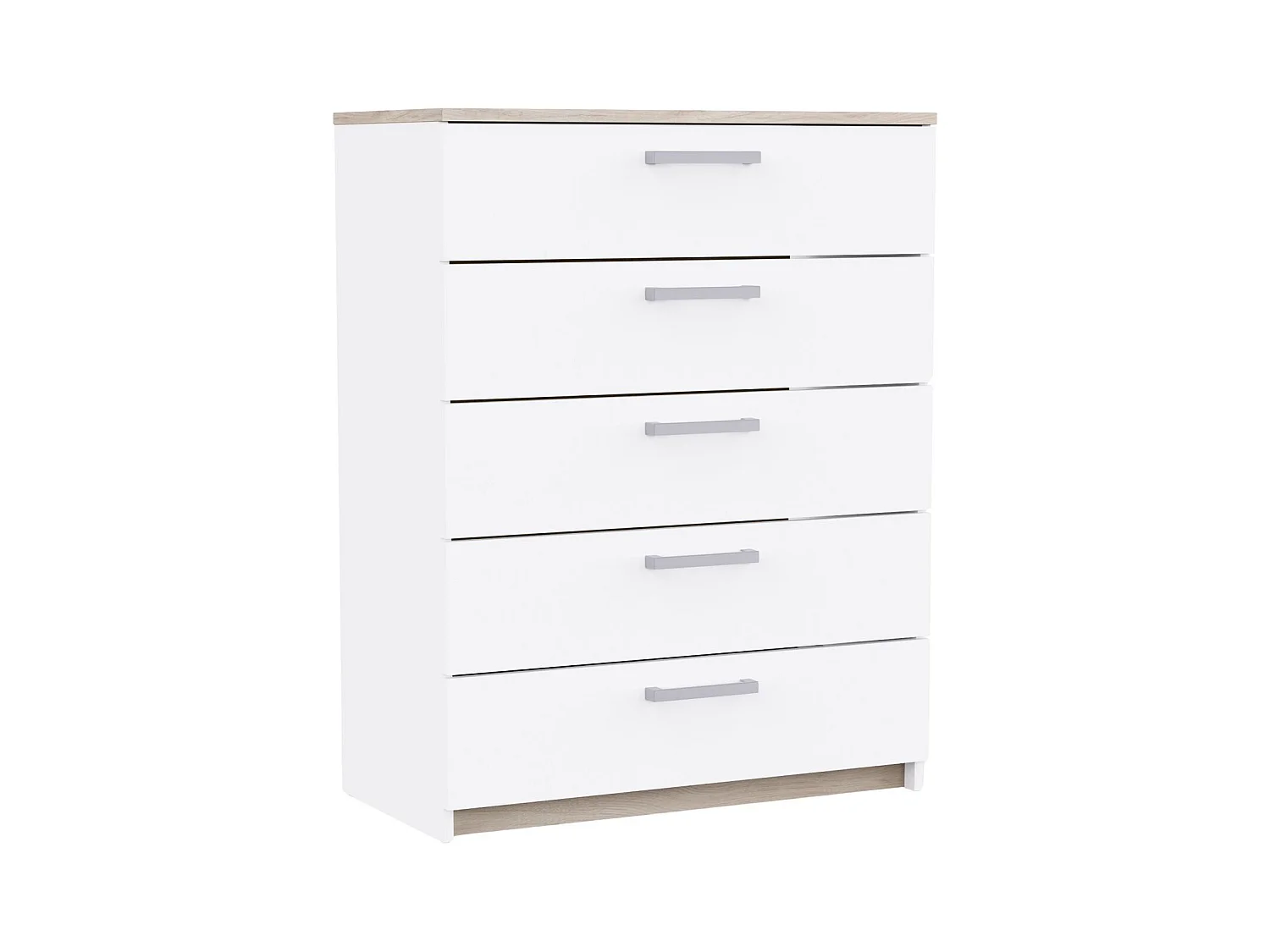 Commode Watson 5 tiroirs, blanc mat et chêne Kronberg, 79,6 x 102,5 x 41,1 cm