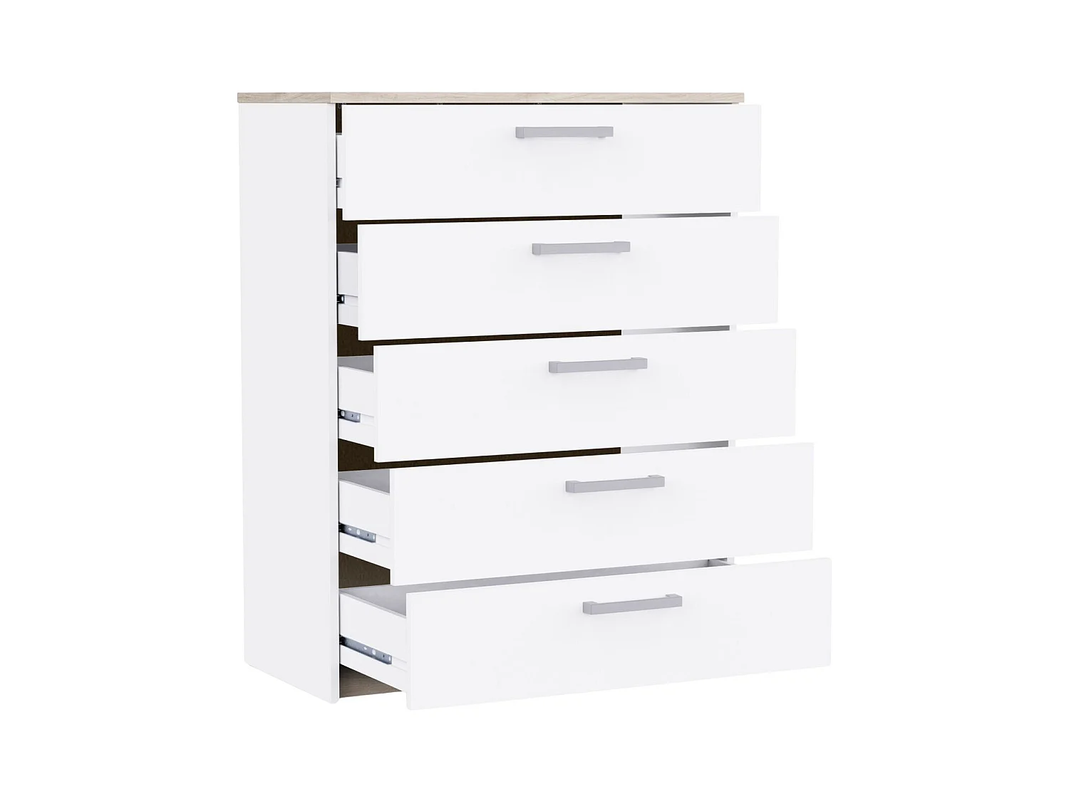 Commode Watson 5 tiroirs, blanc mat et chêne Kronberg, 79,6 x 102,5 x 41,1 cm