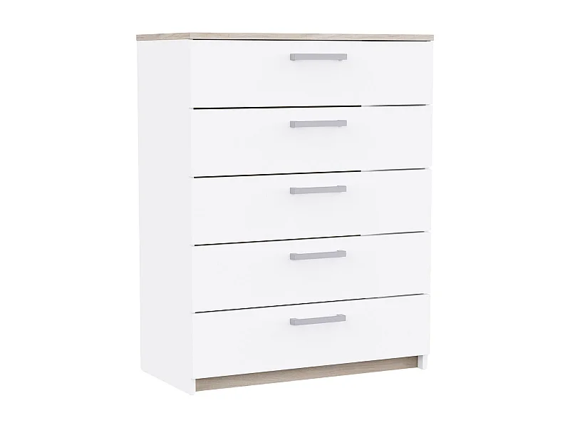Cômoda Watson com 5 gavetas para quarto, branco fosco e carvalho Kronberg, 79,6 x 102,5 x 41,1 cm