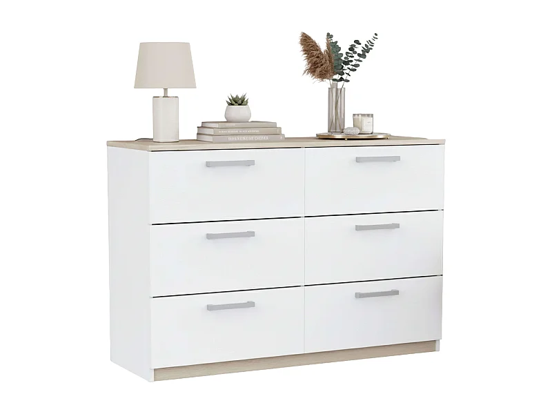 Cómoda Watson Dormitorio 6 Cajones Blanco Mate & Roble Kronberge 118.9x81.2x41.2 cm