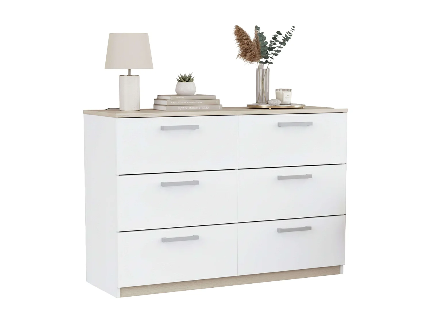 Cómoda Watson Dormitorio 6 Cajones Blanco Mate & Roble Kronberge 118.9x81.2x41.2 cm